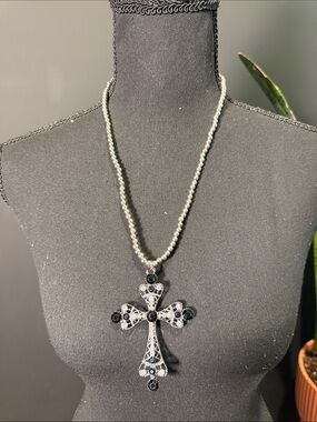 Black Beaded Cross Pendant Necklace - Unbranded